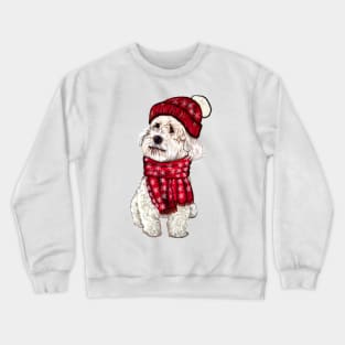 cavalier king charles spaniel,  white Cavapoo Cavoodle in festive red winter hat and scarf with snowflakes - cute cavalier king charles spaniel snug in a snowflake themed scarf Crewneck Sweatshirt